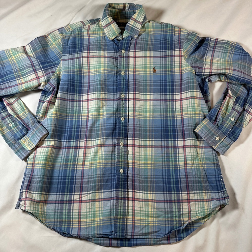 Ralph Lauren Mens Blue Plaid Cotton Button Down Shirt Large LS Flesh Pony